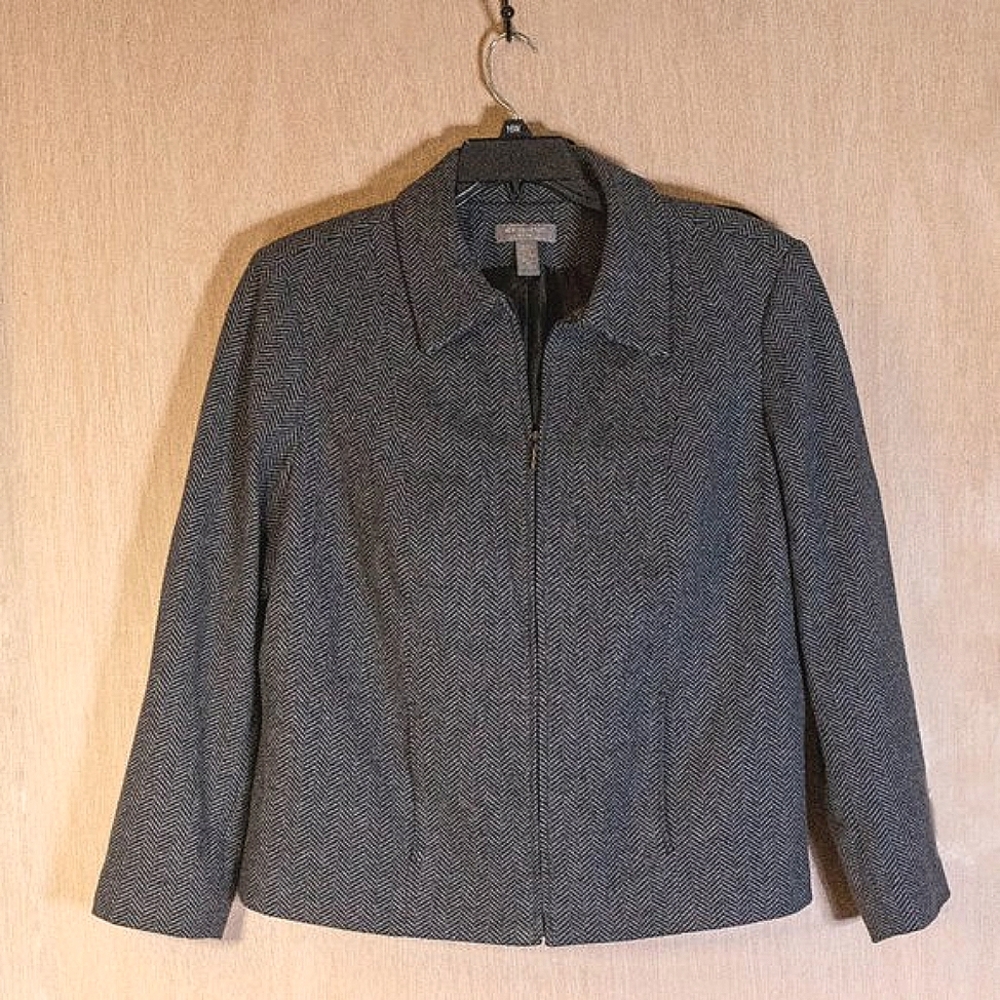 Kate Hill Tweed Grey & Black Chevron Thin Striped Zip-Up Blazer Jacket, Size 1x